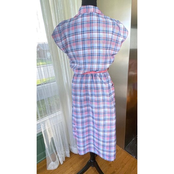 Vintage late 70s dress, pink blue plaid pattern, short sleeves, Ilan Fashions - Picture 5 of 10